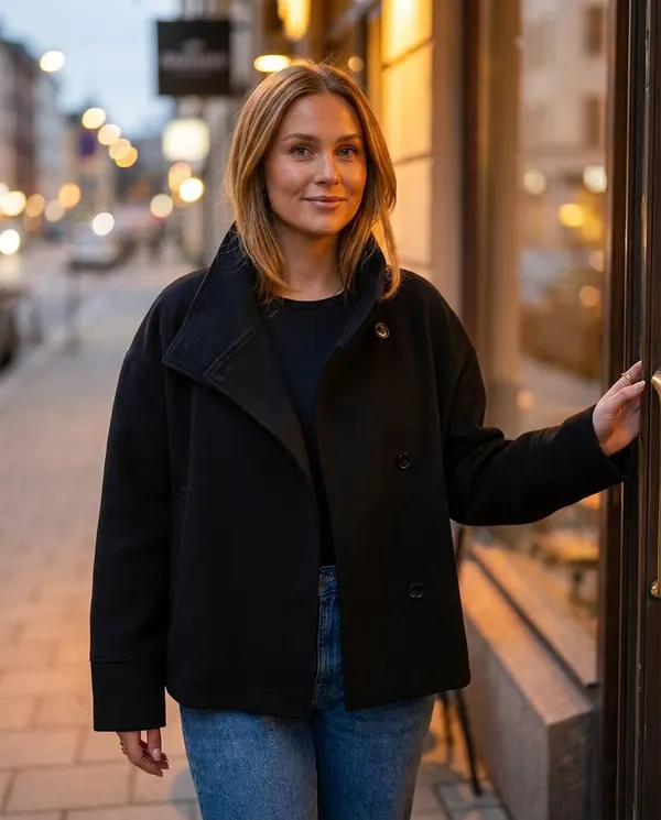 Satin Eve styling: Black Wool-Look Stand-Collar Jacket