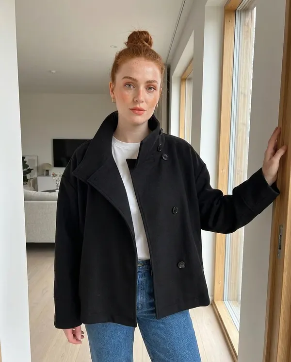 Satin Eve styling: Black Wool-Look Stand-Collar Jacket