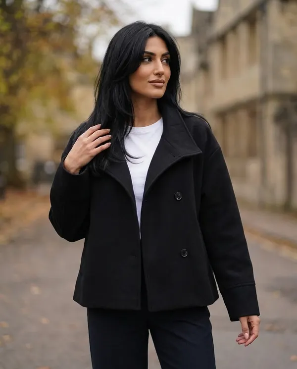 Satin Eve styling: Black Wool-Look Stand-Collar Jacket