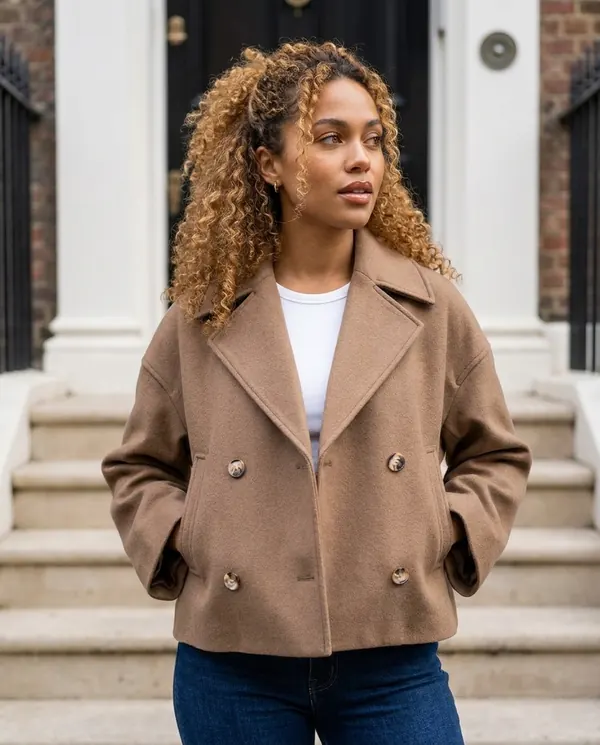 Satin Eve styling: Short Double-Breasted Peacoat