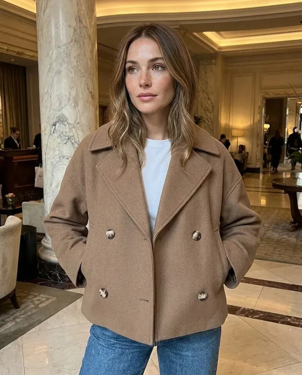 Satin Eve styling: Short Double-Breasted Peacoat