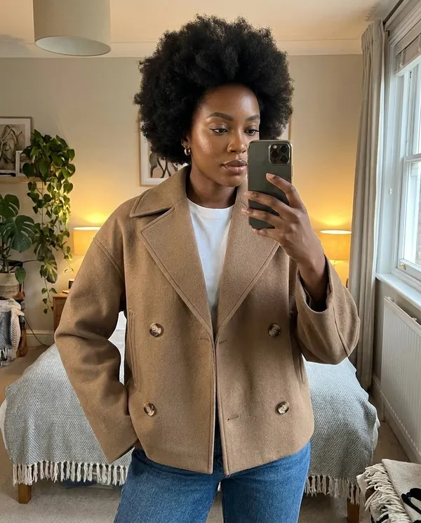 Satin Eve styling: Short Double-Breasted Peacoat