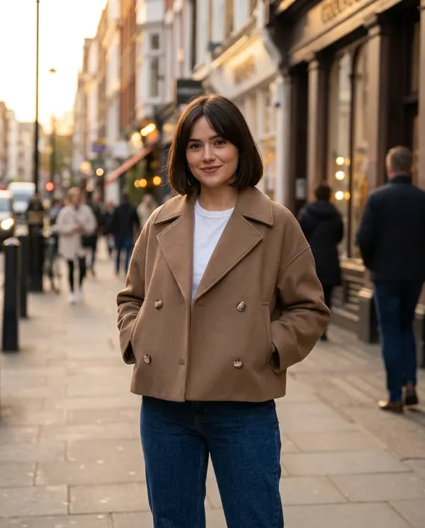 Satin Eve styling: Short Double-Breasted Peacoat