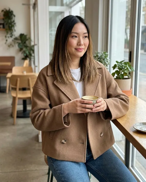 Satin Eve styling: Short Double-Breasted Peacoat