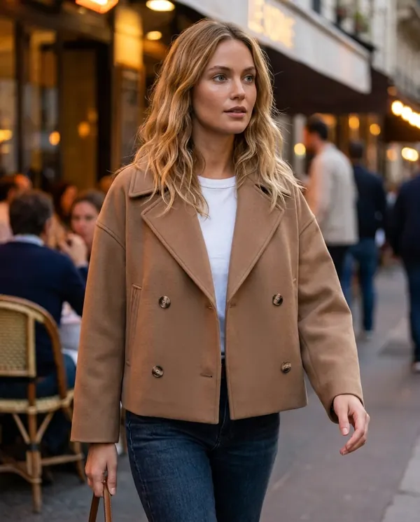 Satin Eve styling: Short Double-Breasted Peacoat