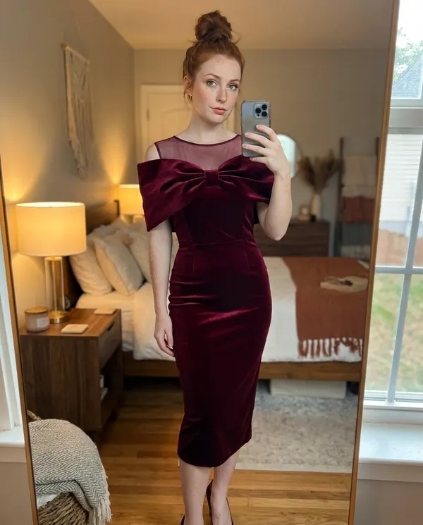 Satin Eve styling: Velvet Bow-Shoulder Sheath Midi Dress