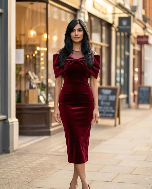 Satin Eve styling: Velvet Bow-Shoulder Sheath Midi Dress