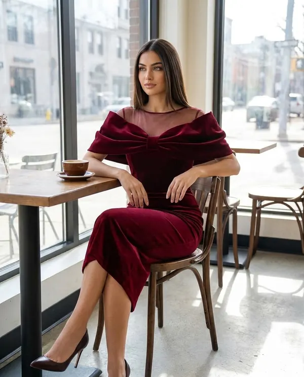 Satin Eve styling: Velvet Bow-Shoulder Sheath Midi Dress
