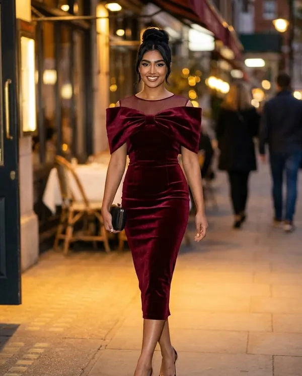 Satin Eve styling: Velvet Bow-Shoulder Sheath Midi Dress