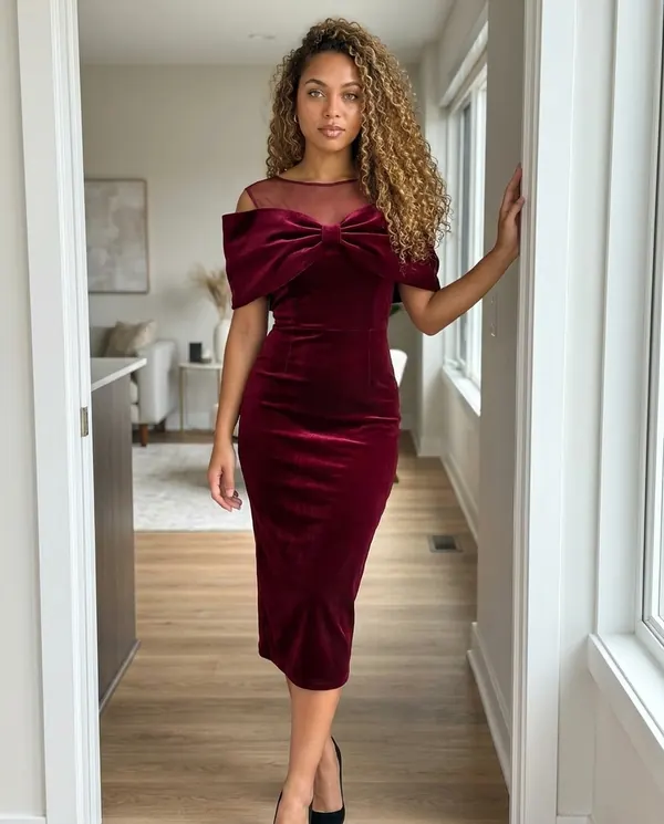 Satin Eve styling: Velvet Bow-Shoulder Sheath Midi Dress