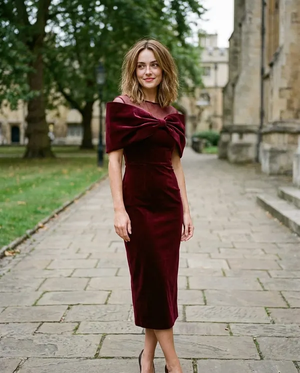 Satin Eve styling: Velvet Bow-Shoulder Sheath Midi Dress