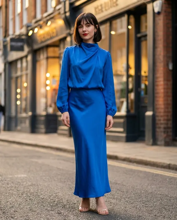 Satin Eve styling: Satin Cowl-Neck Long-Sleeve Column Maxi