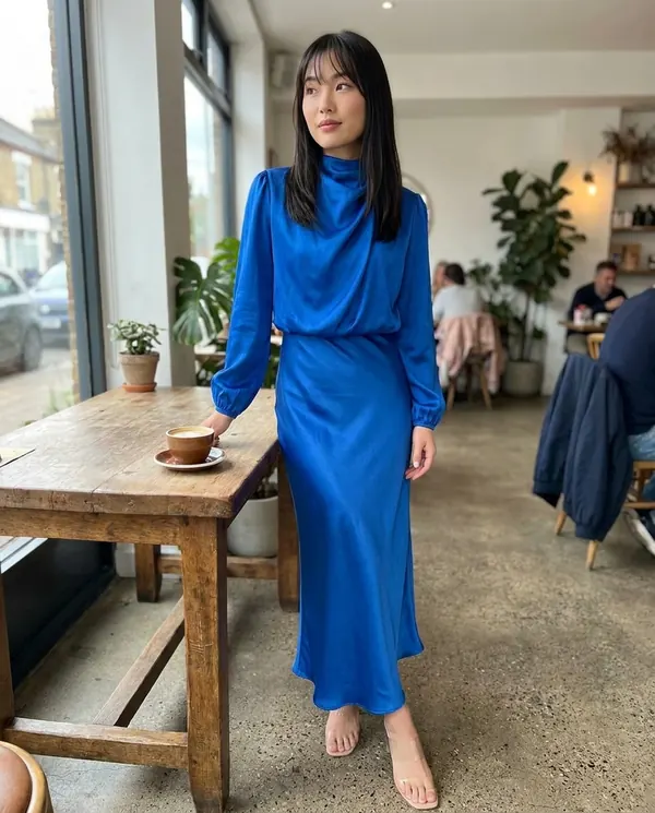 Satin Eve styling: Satin Cowl-Neck Long-Sleeve Column Maxi