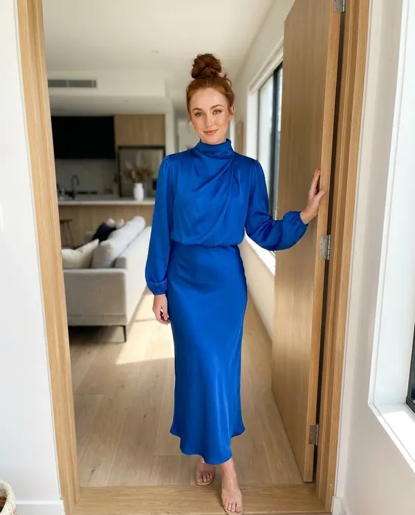 Satin Eve styling: Satin Cowl-Neck Long-Sleeve Column Maxi