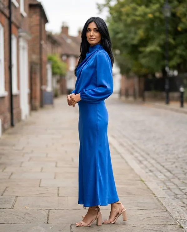 Satin Eve styling: Satin Cowl-Neck Long-Sleeve Column Maxi