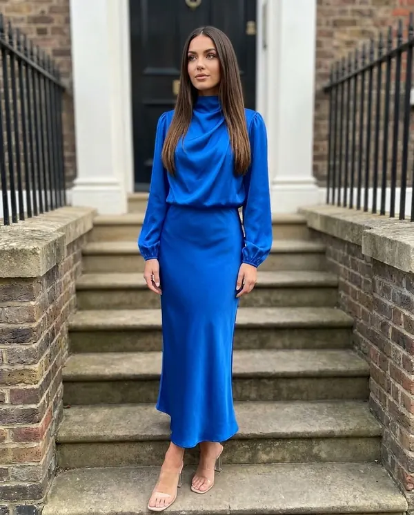 Satin Eve styling: Satin Cowl-Neck Long-Sleeve Column Maxi
