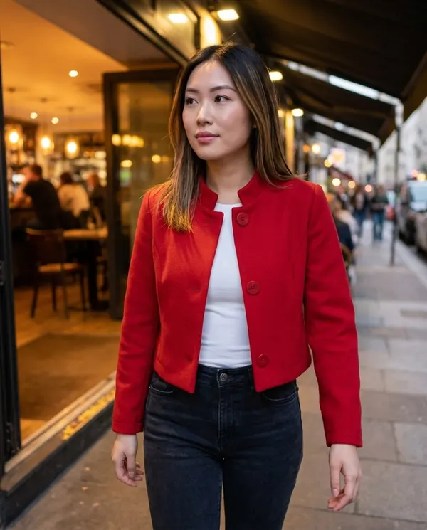 Satin Eve styling: Red Wool-Look Cropped Jacket