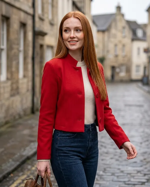 Satin Eve styling: Red Wool-Look Cropped Jacket