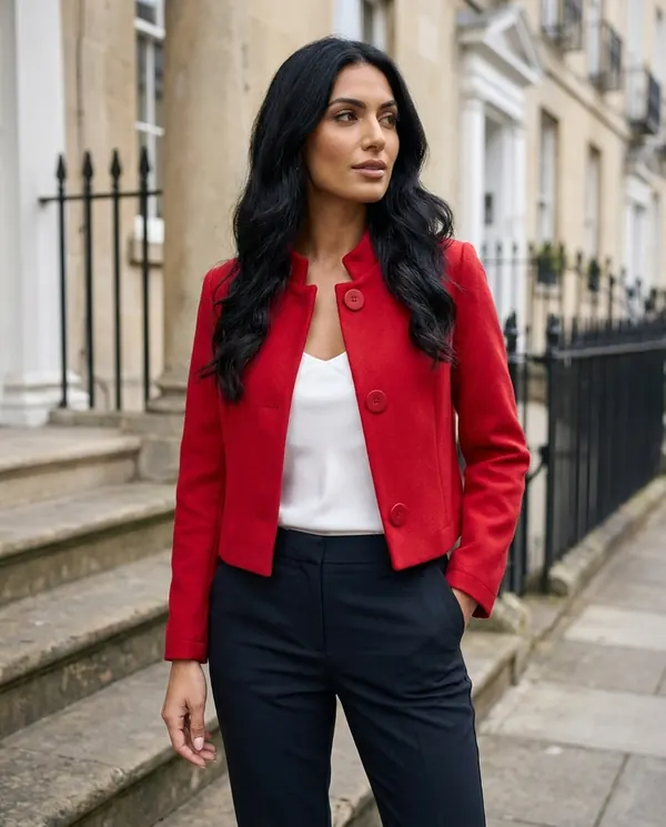 Satin Eve styling: Red Wool-Look Cropped Jacket