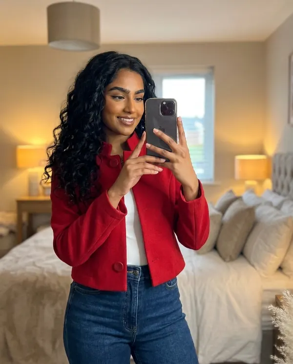 Satin Eve styling: Red Wool-Look Cropped Jacket