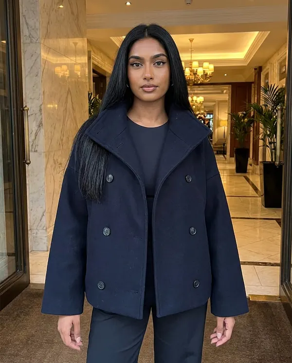 Satin Eve styling: Navy Double-Breasted Short Jacket