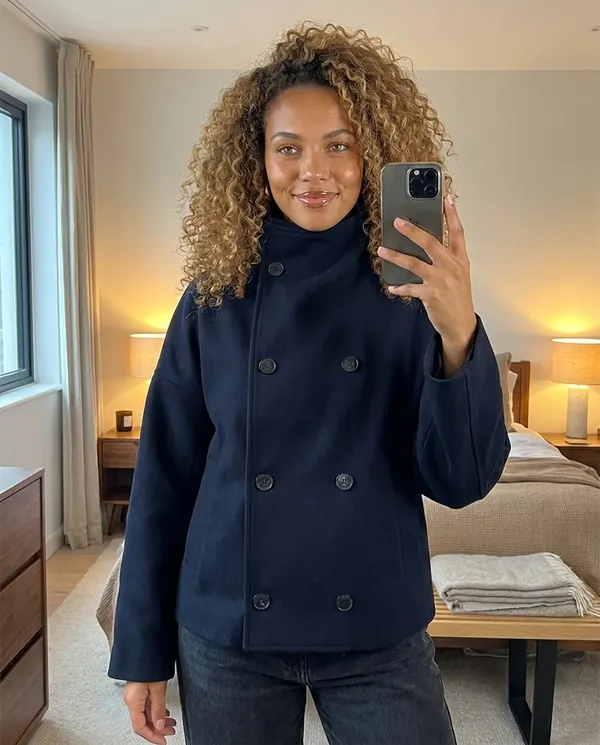 Satin Eve styling: Navy Double-Breasted Short Jacket