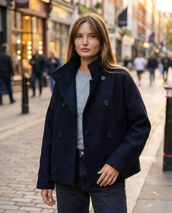 Satin Eve styling: Navy Double-Breasted Short Jacket