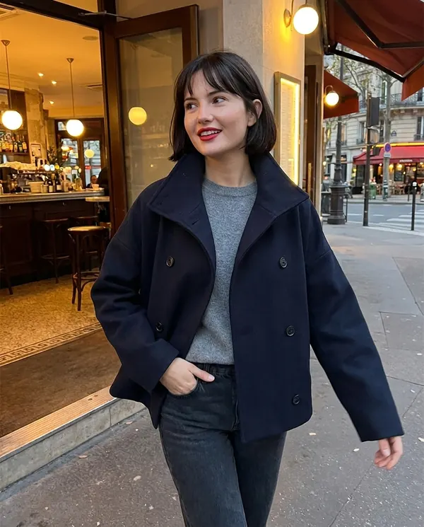 Satin Eve styling: Navy Double-Breasted Short Jacket
