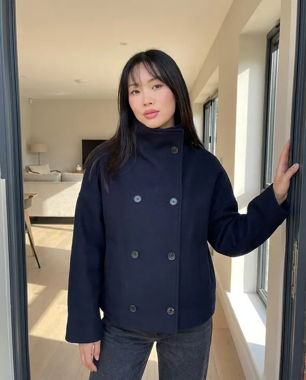 Satin Eve styling: Navy Double-Breasted Short Jacket