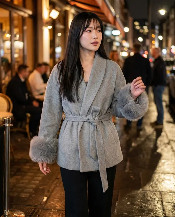 Satin Eve styling: Wrap Jacket with Faux Fur Cuffs