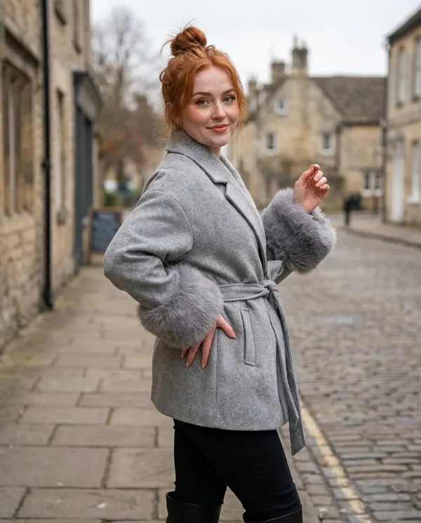 Satin Eve styling: Wrap Jacket with Faux Fur Cuffs