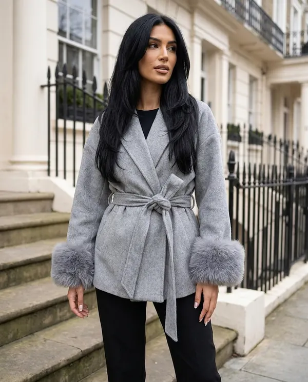 Satin Eve styling: Wrap Jacket with Faux Fur Cuffs