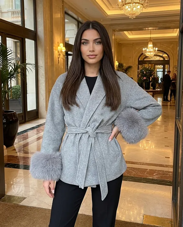 Satin Eve styling: Wrap Jacket with Faux Fur Cuffs