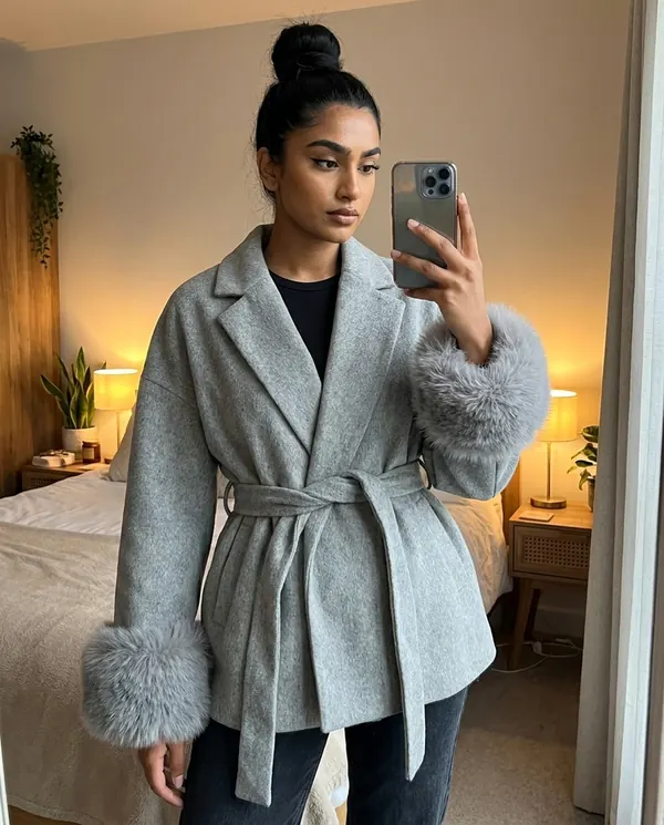 Satin Eve styling: Wrap Jacket with Faux Fur Cuffs