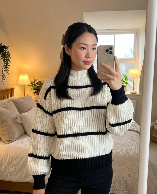 Satin Eve styling: Striped Chunky Rib Knit Jumper