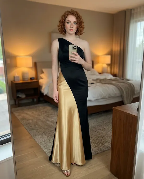 Satin Eve styling: Colour-Block Satin One-Shoulder Maxi Dress