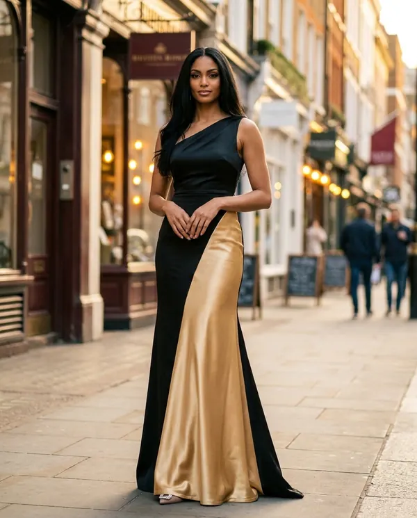 Satin Eve styling: Colour-Block Satin One-Shoulder Maxi Dress