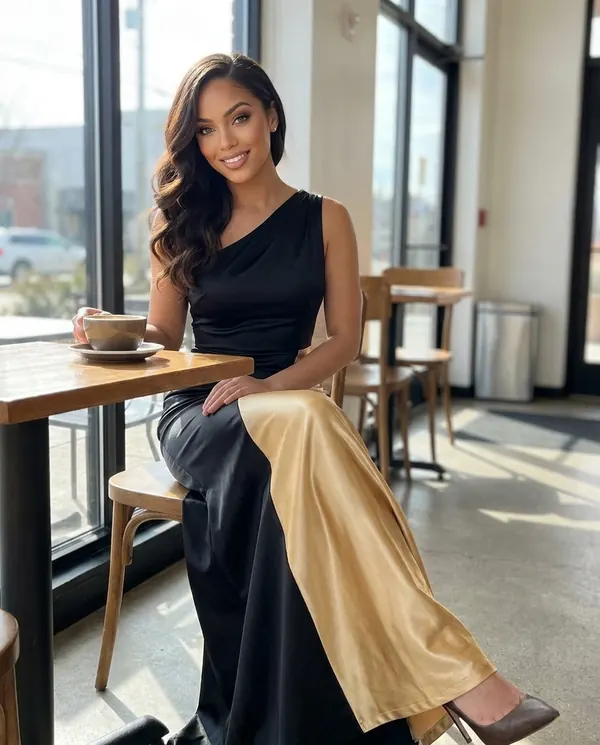 Satin Eve styling: Colour-Block Satin One-Shoulder Maxi Dress
