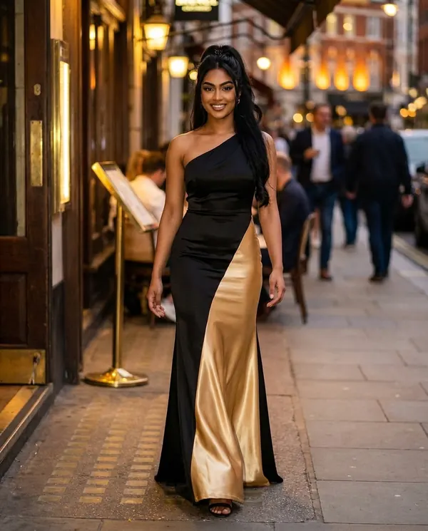 Satin Eve styling: Colour-Block Satin One-Shoulder Maxi Dress