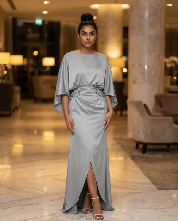 Satin Eve styling: Satin Batwing-Sleeve Maxi Dress with Slit