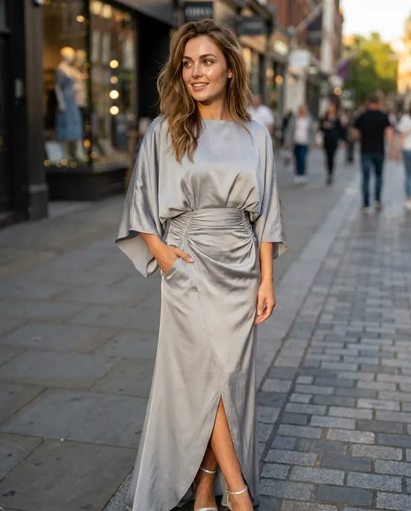Satin Eve styling: Satin Batwing-Sleeve Maxi Dress with Slit
