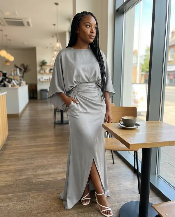 Satin Eve styling: Satin Batwing-Sleeve Maxi Dress with Slit