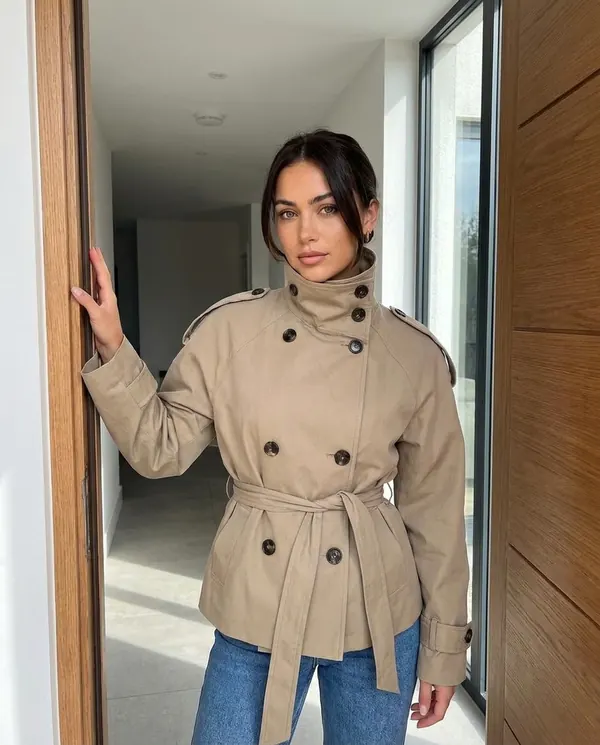 Satin Eve styling: Stand-Collar Belted Trench Jacket
