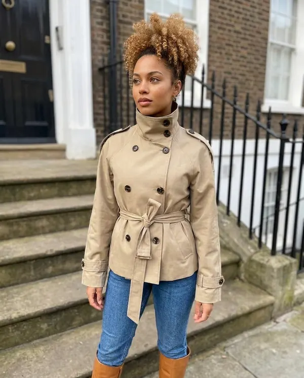 Satin Eve styling: Stand-Collar Belted Trench Jacket