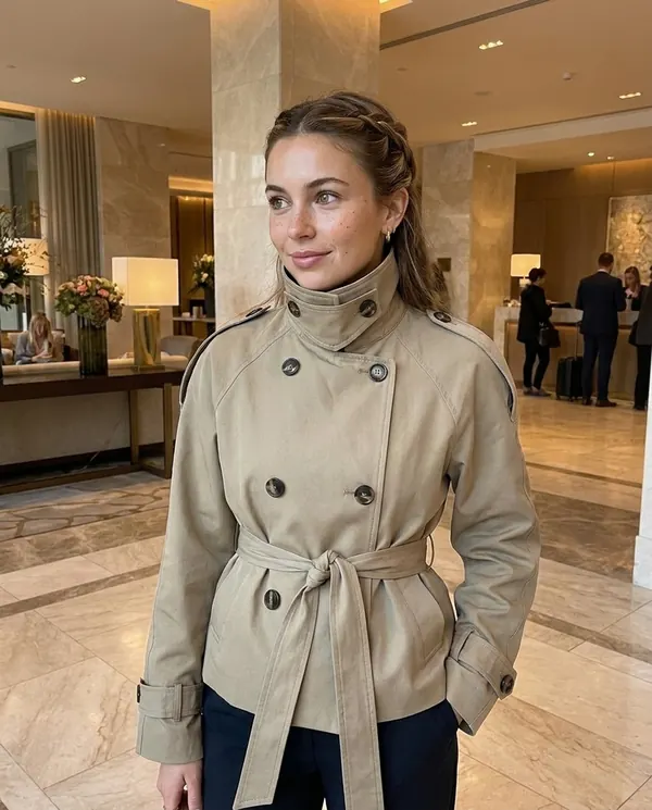 Satin Eve styling: Stand-Collar Belted Trench Jacket
