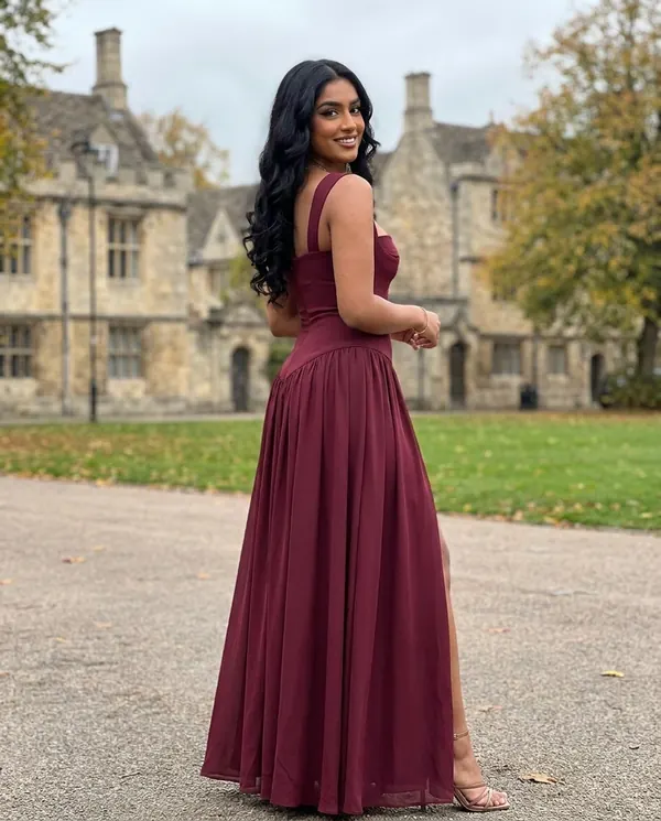 Satin Eve styling: Square-Neck Pleated Slit Maxi Dress