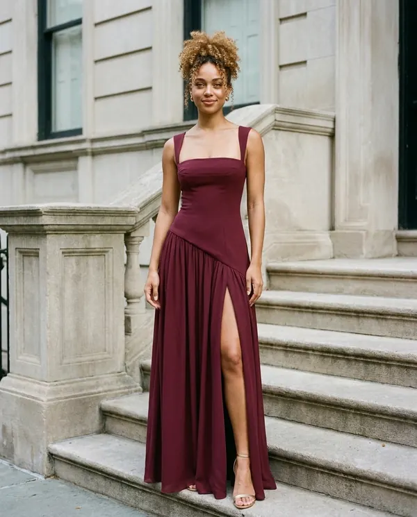 Satin Eve styling: Square-Neck Pleated Slit Maxi Dress