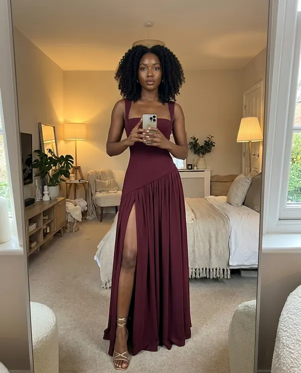 Satin Eve styling: Square-Neck Pleated Slit Maxi Dress