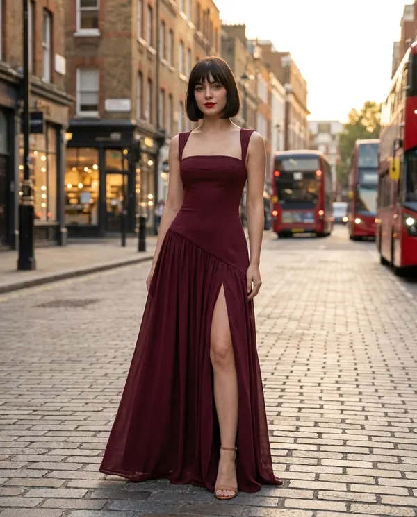 Satin Eve styling: Square-Neck Pleated Slit Maxi Dress