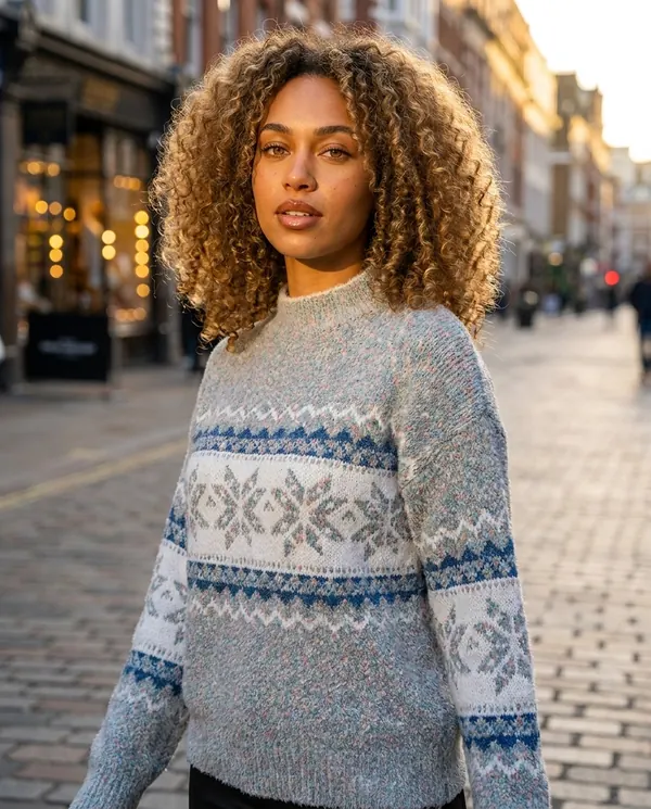Satin Eve styling: Chenille Snowflake Fair Isle Jumper